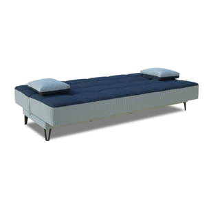 Divano letto Jordi, Divano letto a 3 posti con piedini in metallo nero , Sofà da soggiorno in tessuto imbottito con apertura click-clack, 190x87h97 cm, Grigio e Blu