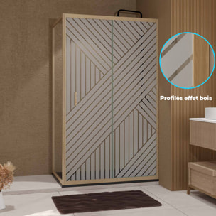 Porte de Douche Coulissante avec Retour 120x80x200cm Style Japandi Géométrique - Cadre Effet Bois