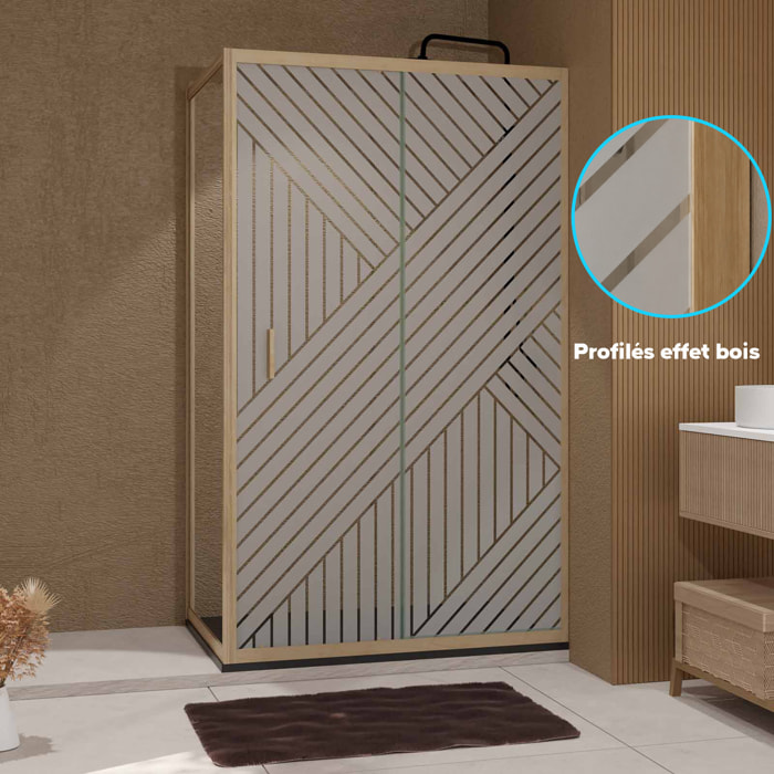 Porte de Douche Coulissante avec Retour 120x80x200cm Style Japandi Géométrique - Cadre Effet Bois