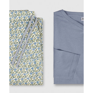 Pigiama lungo irene in cotone blu con scollo a v