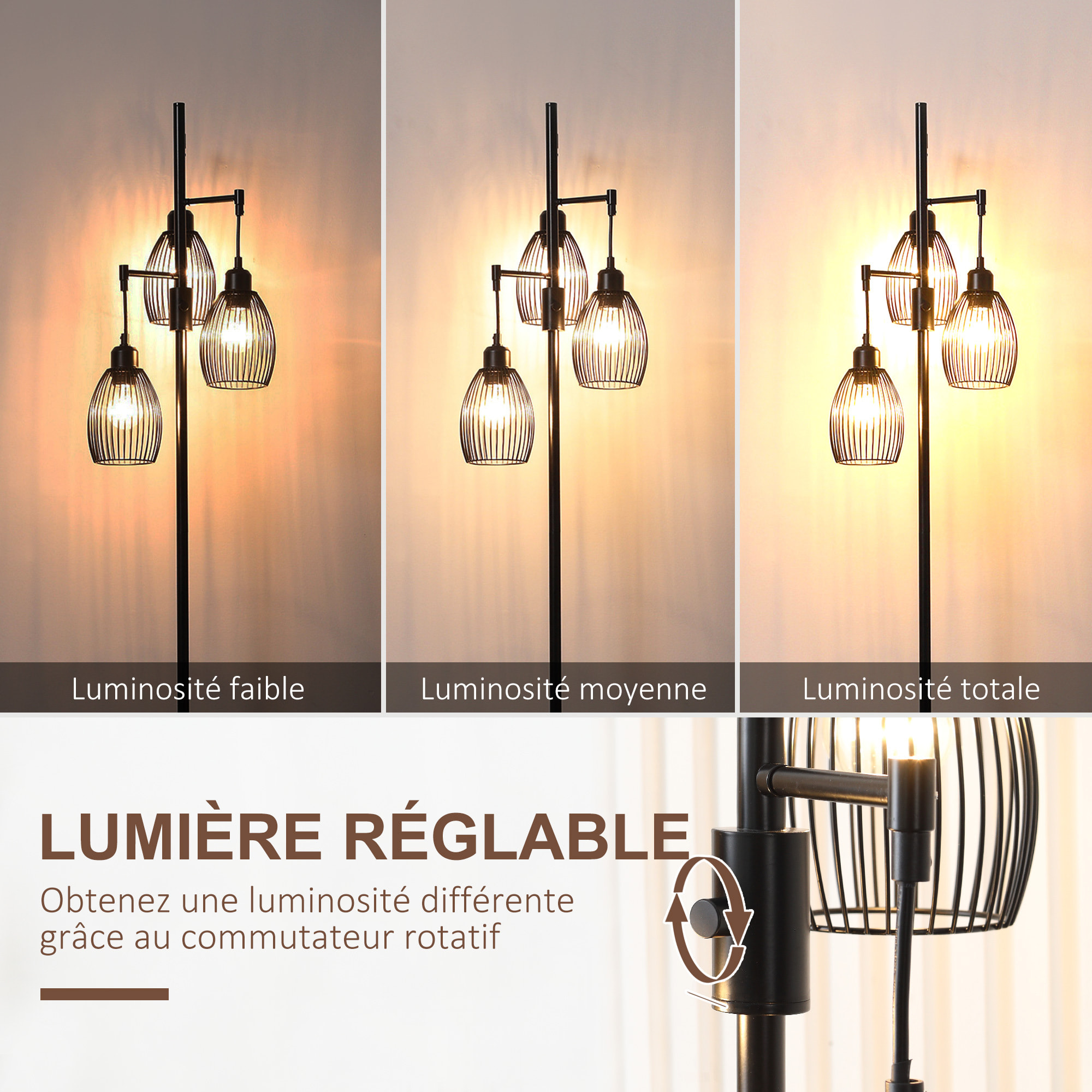 Lampadaire design industriel 3 têtes 40 W max. luminosité réglable métal filaire acier noir