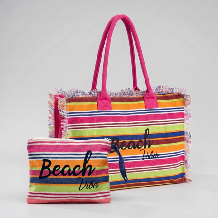 Borsa mare donna con pochette coordinata, shopper spiaggia grande in cotone effetto fouta con frange e zip, borsa rigata multicolor Beach Vibes, capiente e leggera, ideale per mare piscina vacanze e tempo libero