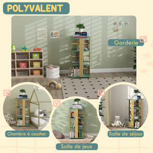 Bibliothèque enfant mobile sur roulettes - 4 niveaux rangement - bois de pin MDF vert