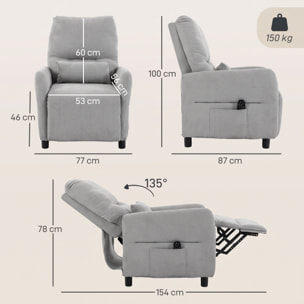 Sillón de Masaje, Sillón Relax Reclinable Manual con 8 Puntos Masaje, Calor Lumbar, Mando a Distancia, Asiento con Muelles, Reposapiés, Cojín Lumbar, Bolsillos Laterales, Tejido de Rizo, Gris
