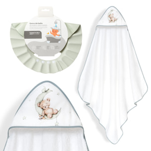 Capa Baño 1X1 Mod Estampado Oso Luna Estrellas+Gorro Bco/Verde