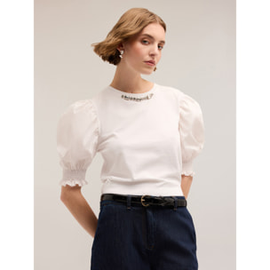 Motivi - Camiseta con piedras y mangas abullonadas - Blanco