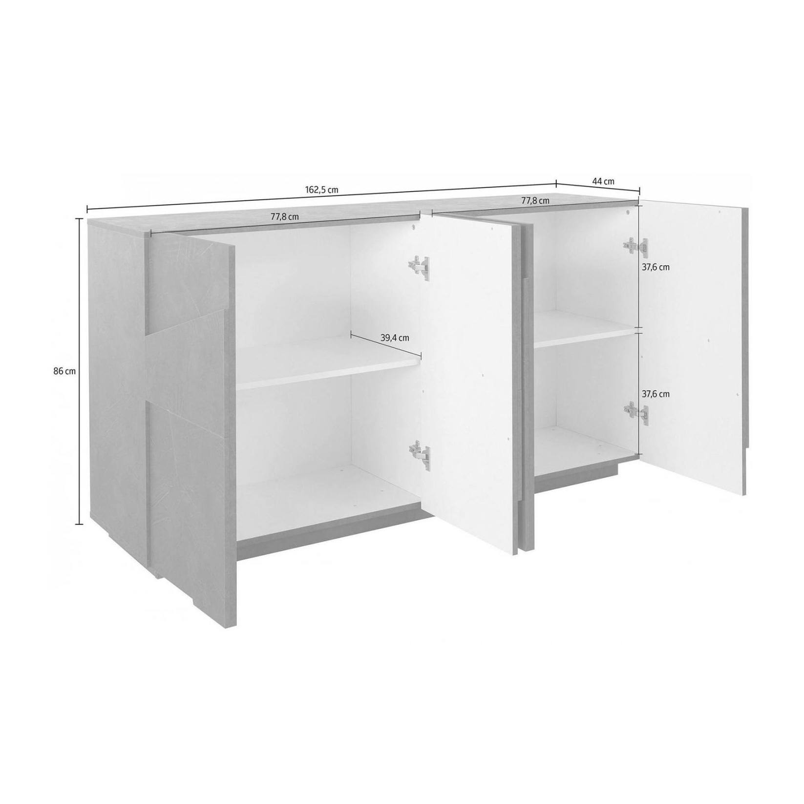 Credenza moderna a 4 ante, Made in Italy, Madia da cucina, Buffet di design da soggiorno, cm 162x44h86, colore Grigio Cenere