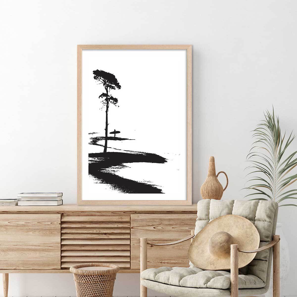 Poster surfing les landes Affiche + cadre en bois - Chêne