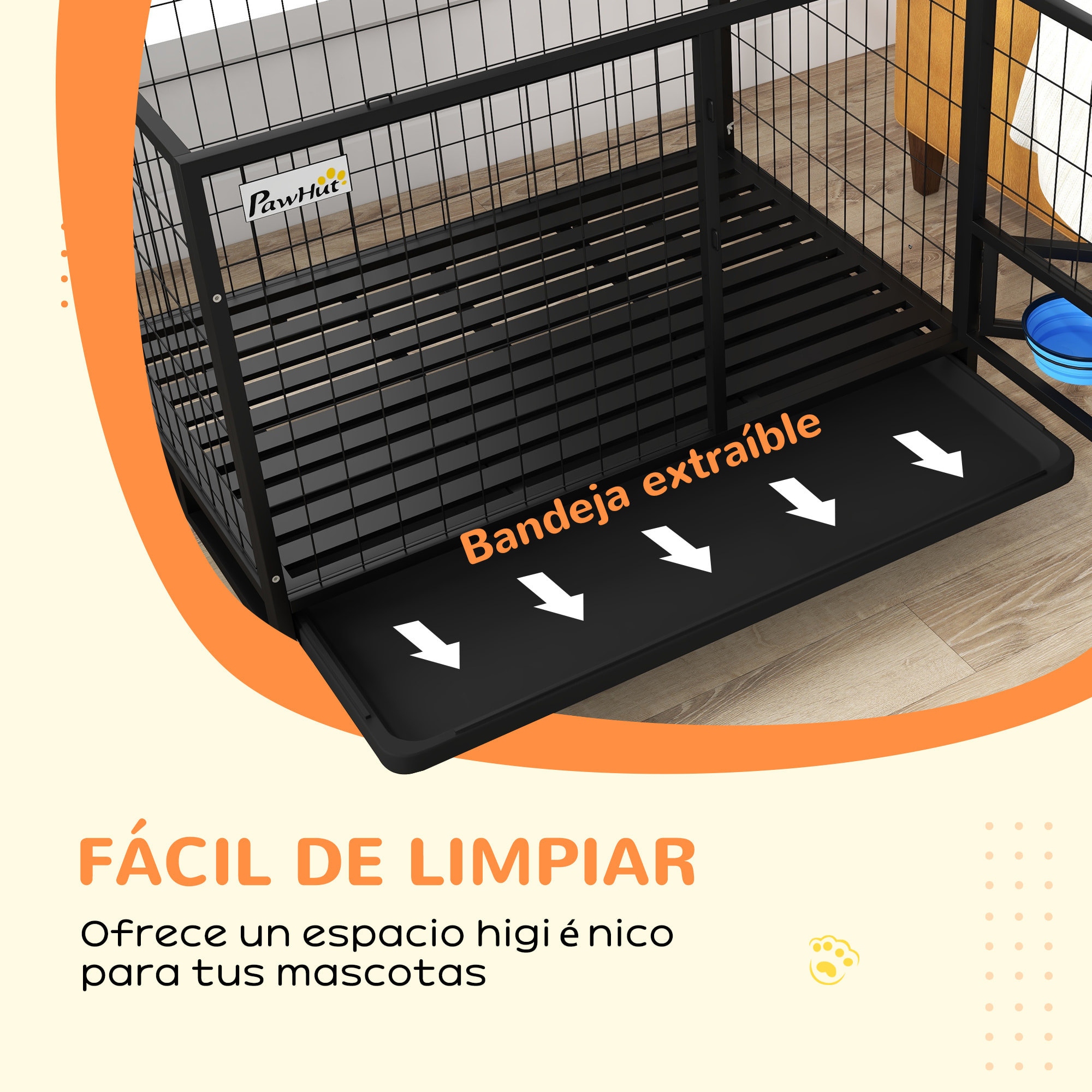 Jaula para Perros Jaula para Perros Grandes con Tapa Superior Abatible Soporte de Cuenco Bandeja Extraíble Ruedas y Puerta Doble Desmontable 109x72x79 cm Negro