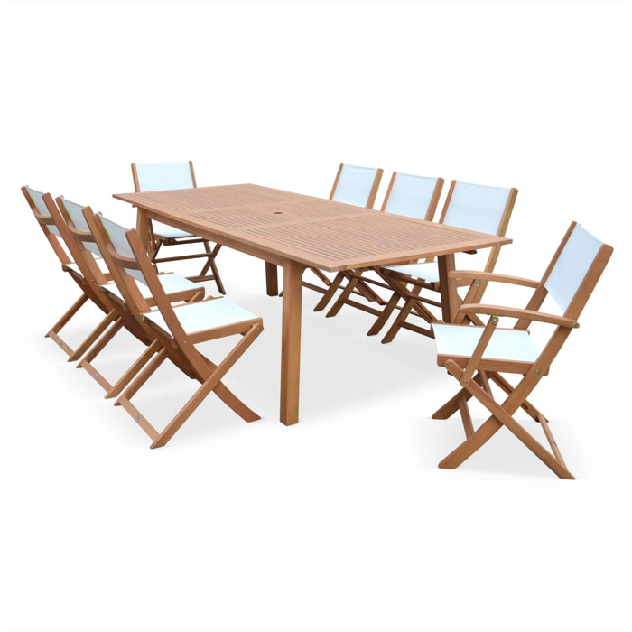 Table de jardin extensible bois d'eucalyptus + 8 assises en bois d'Eucalyptus huilé et textilène blanc