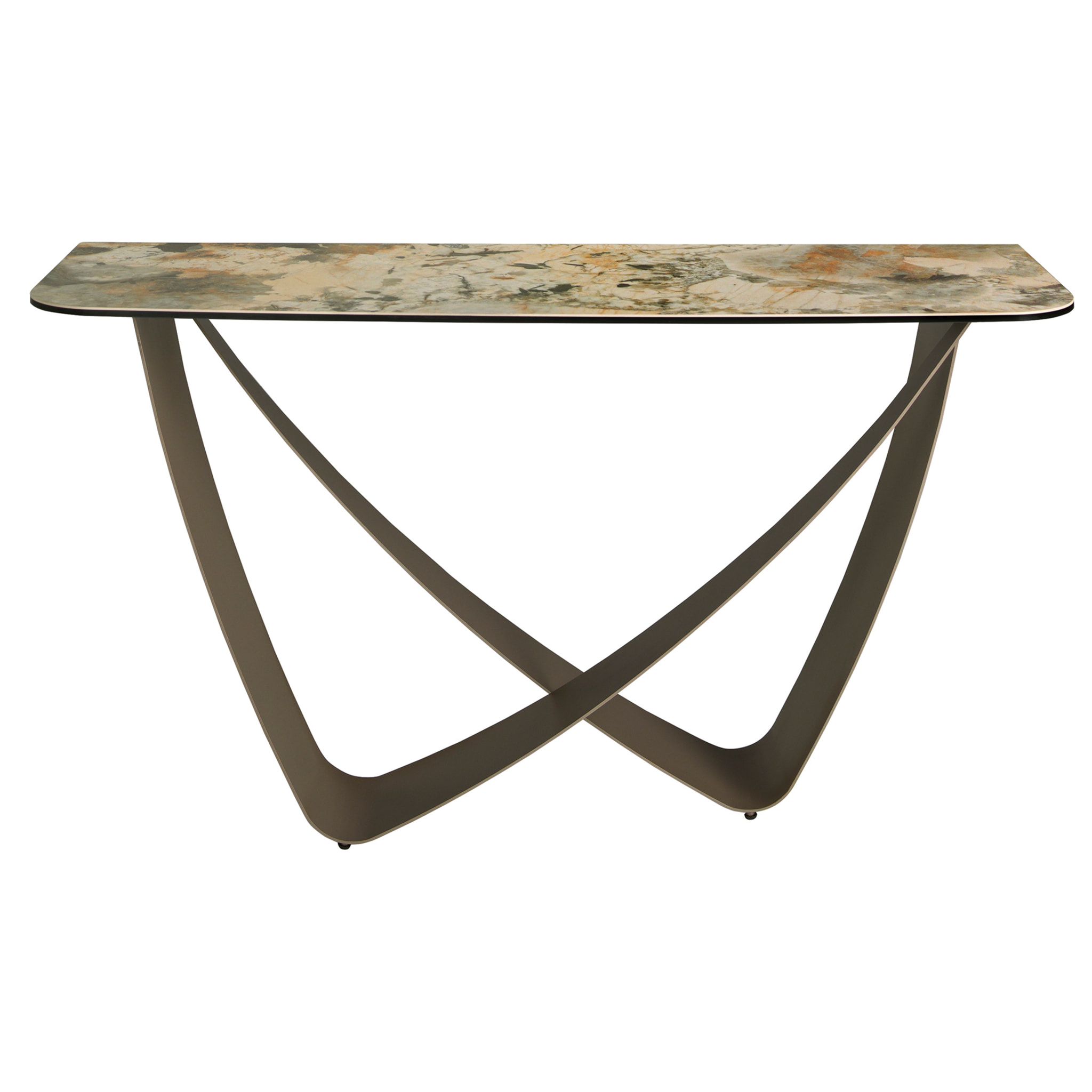 Consola Angel Cerdá rectangular con tapa de mármol porcelánico en tonalidades tierra y grises en acabado mate y unas originales patas de acero inoxidable 150x50x80cm