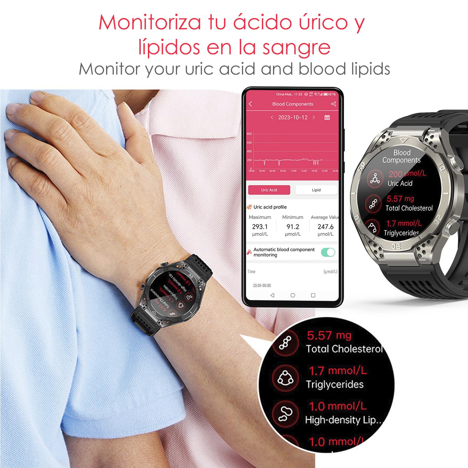 DAM Smartwatch JA01. Monitor de ácido úrico y lípidos, control de glucosa en sangre, electrocardiograma ECG, composición corporal. 5,5x1,1x5 Cm. Color: Negro