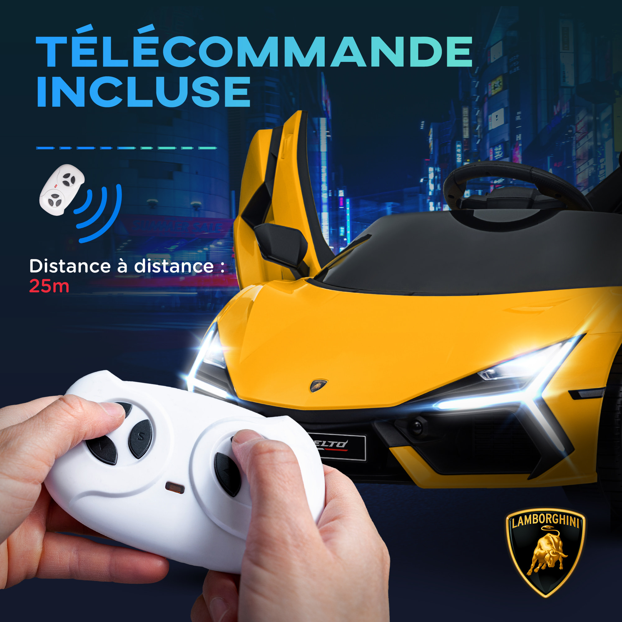 Voiture électrique enfant licence Lamborghini Revuelto télécommande effets sonores lumineux jaune