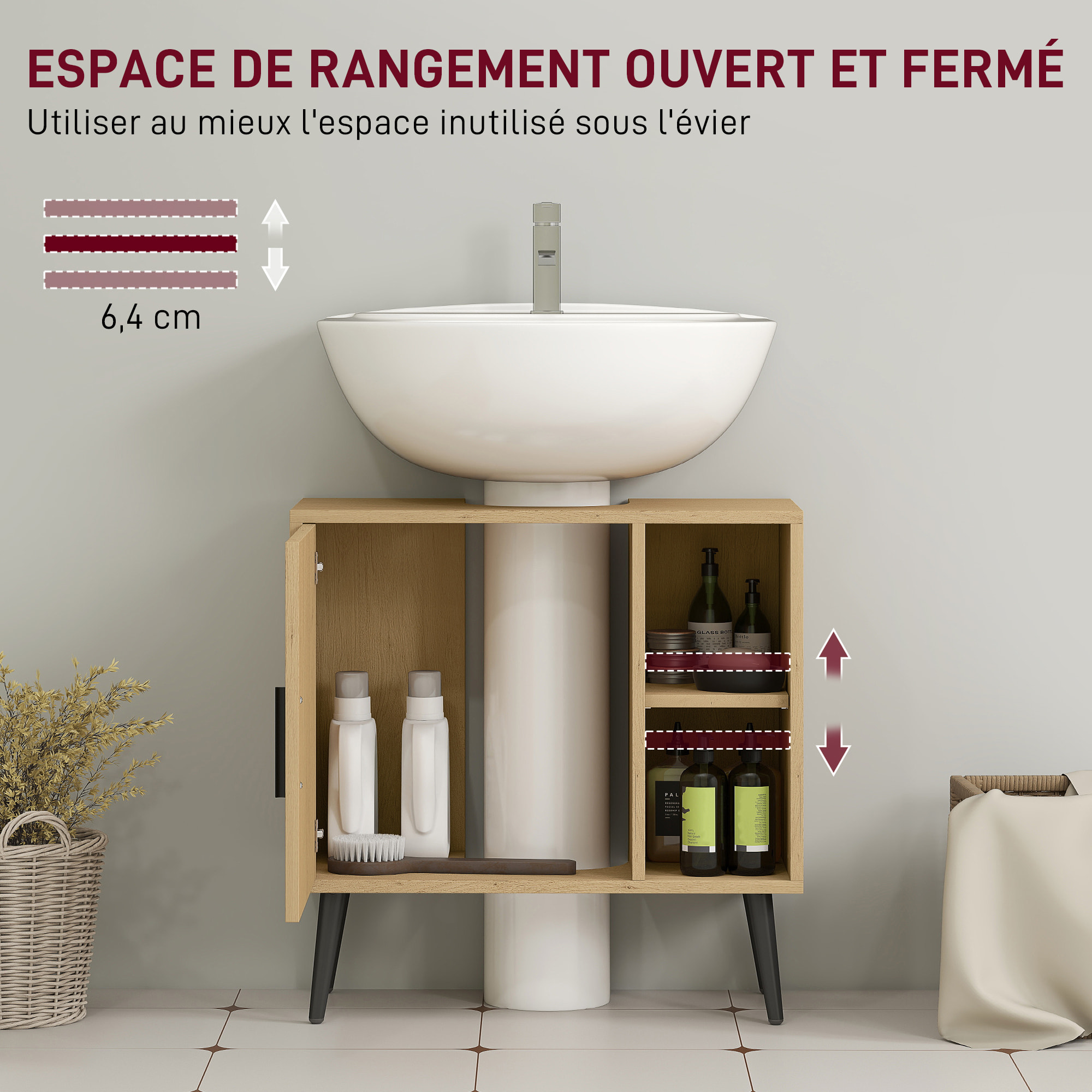 Meuble sous vasque style nordique dim. 60 x 30 x 59,5 cm - porte, 2 niches - piètement métal noir effet bois clair