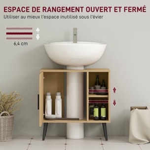 Meuble sous vasque style nordique dim. 60 x 30 x 59,5 cm - porte, 2 niches - piètement métal noir effet bois clair