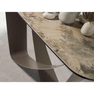 Consola Angel Cerdá rectangular con tapa de mármol porcelánico en tonalidades tierra y grises en acabado mate y unas originales patas de acero inoxidable 150x50x80cm