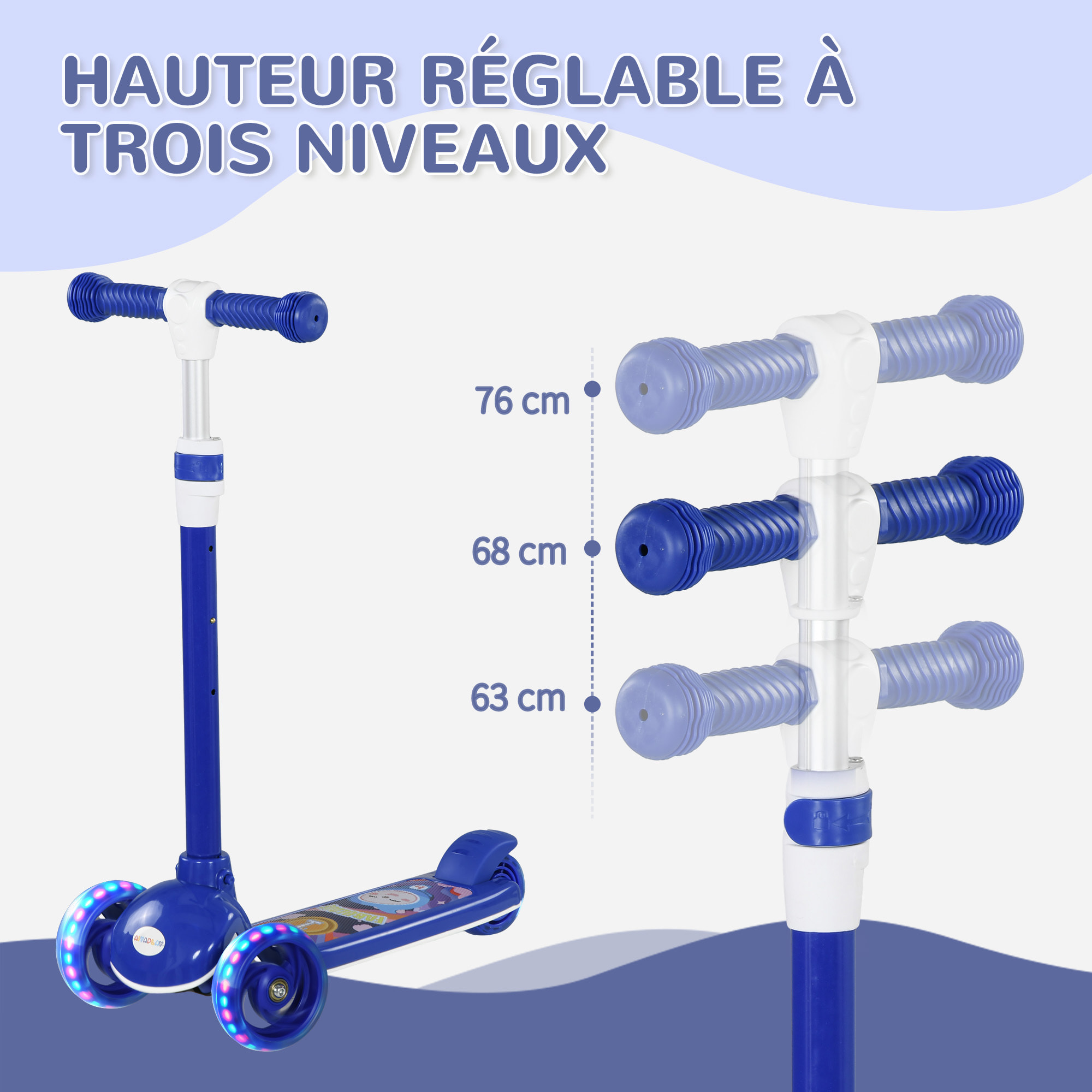 Trottinette pour enfants trottinette 3 roues lumineuses LED hauteur guidon réglable  frein à friction arrière bleu