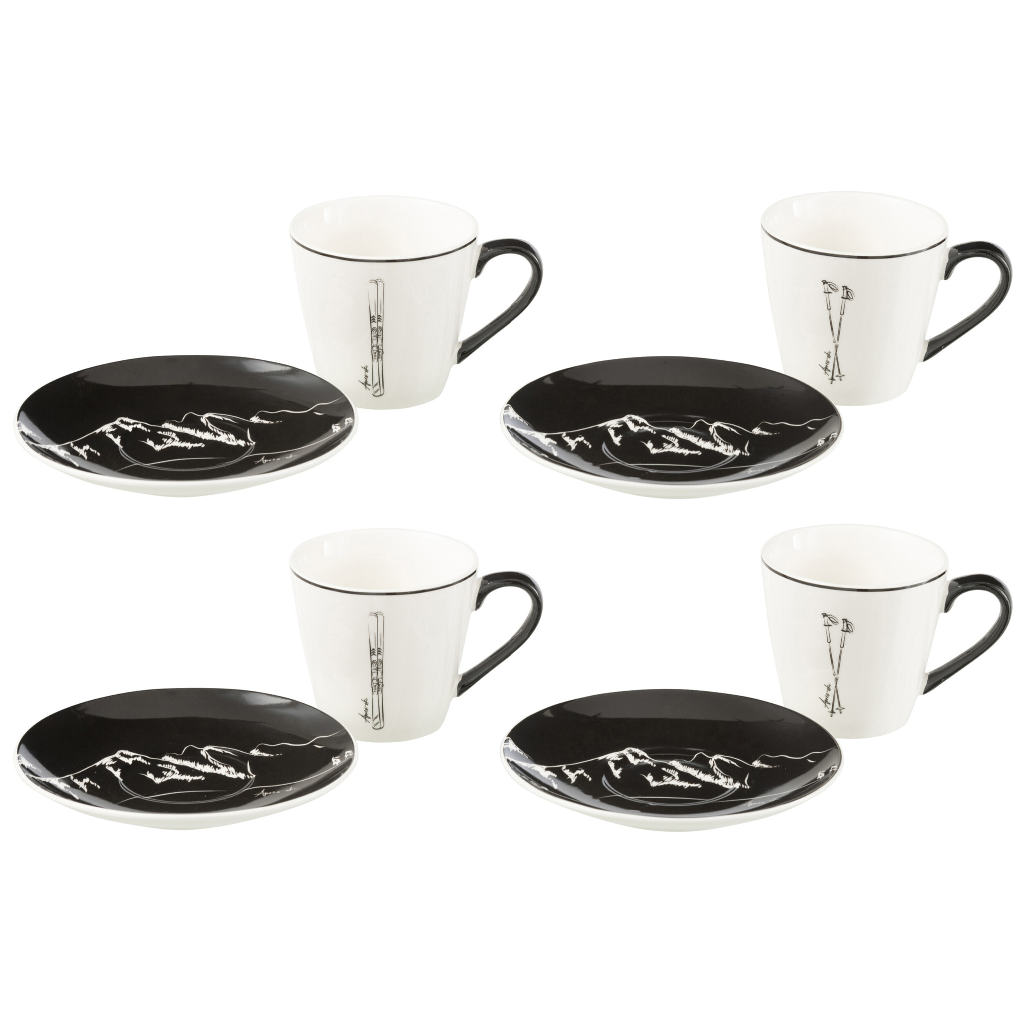 J-Line tasse à thé + sous-tasse - céramique - noir/blanc - large - boite de 4 - boite cadeau