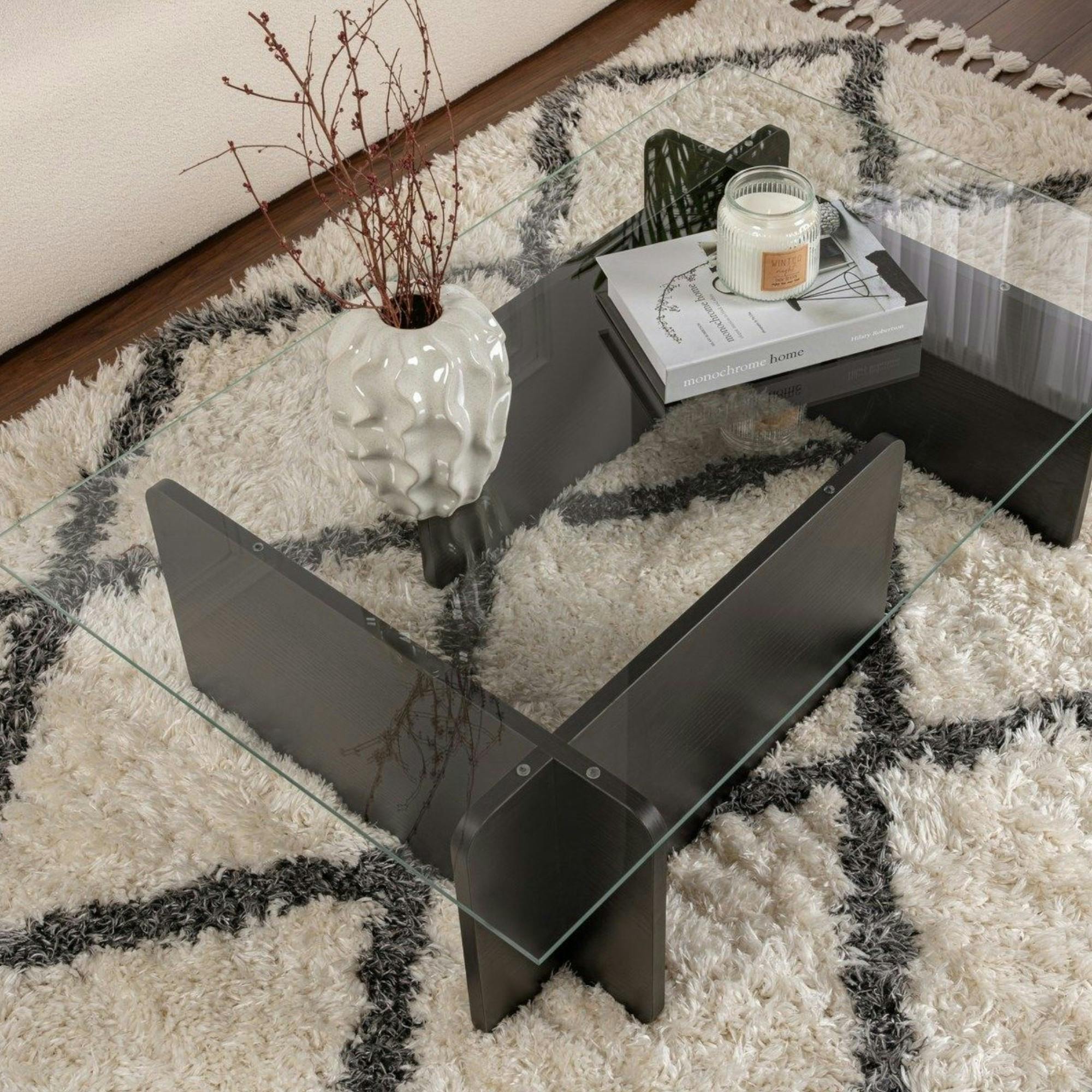 Table basse verre déstructurée – base effet bois noir SALTA