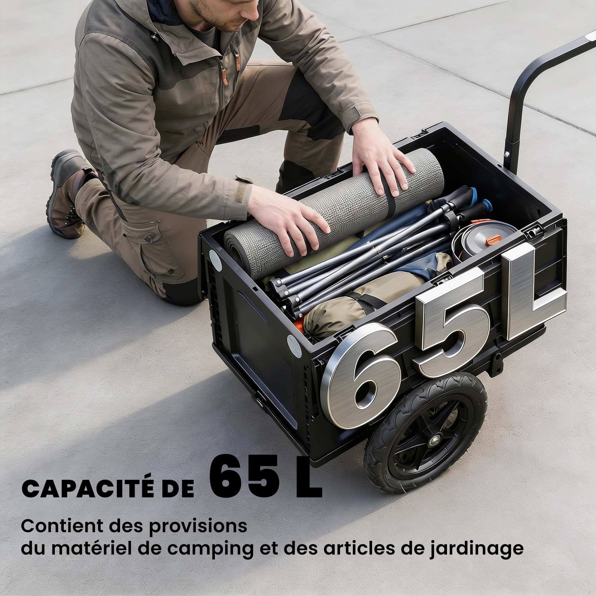 Remorque vélo cargo pliable caisse plastique 65L noir