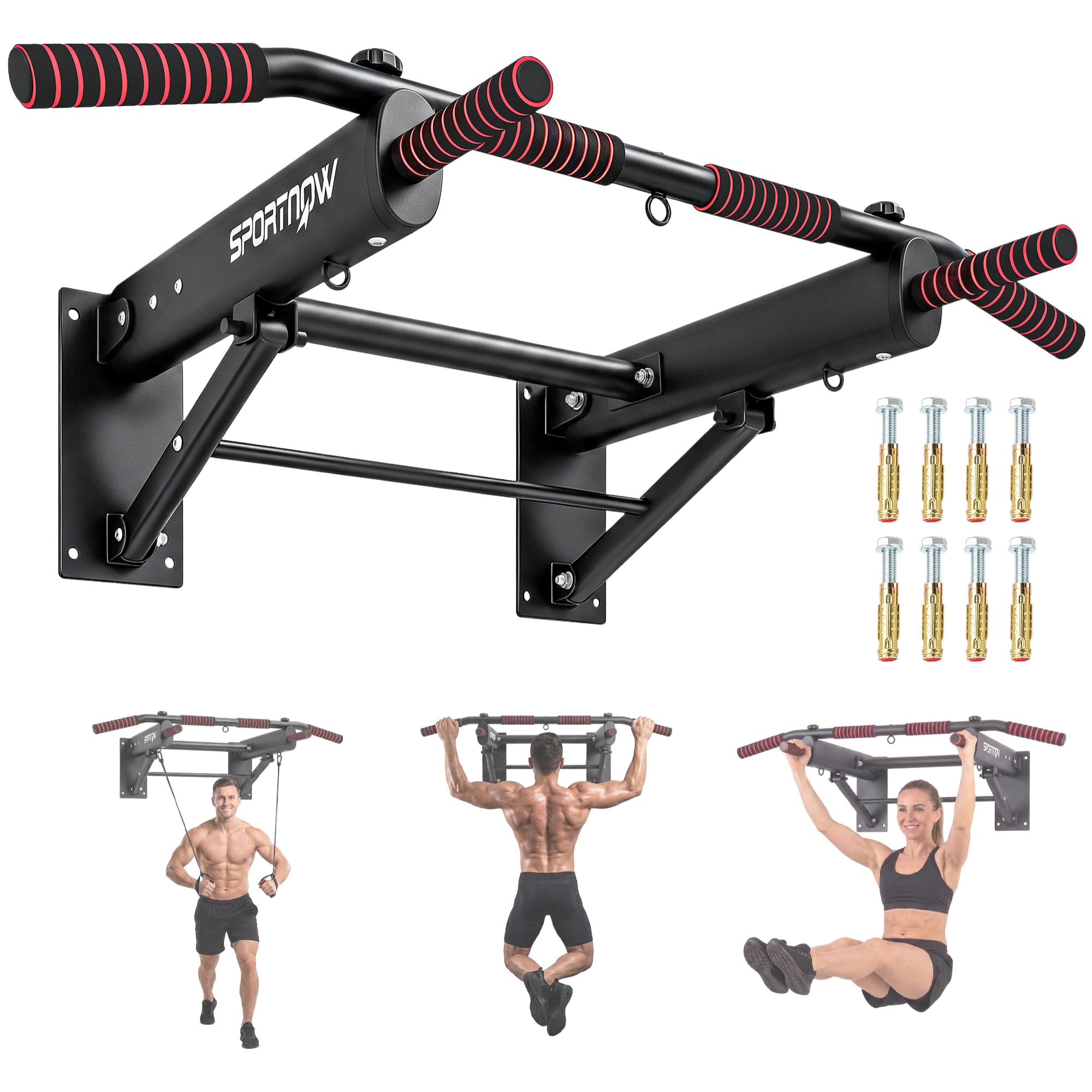 SPORTNOW Barra de Dominadas para Pared Plegable, Barra de Dominadas con 3 Anillas para Bandas de Resistencia, Agarres Antideslizantes, Carga 120 kg, para Entrenamiento en Casa, Gimnasio, Negro