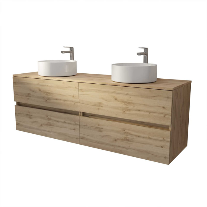 Meuble de salle de bains 160 TIMBER Décor Chêne - 4 Tiroirs - 2 Vasques Rondes Blanches