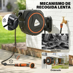 Enrollador de Manguera para Jardín 23+2 m con 12 Modos de Rociado, Carrete de Manguera de Jardín de Pared con Bloqueo Automático y Retracción Controlada, Soporte Orientable 180°, Naranja