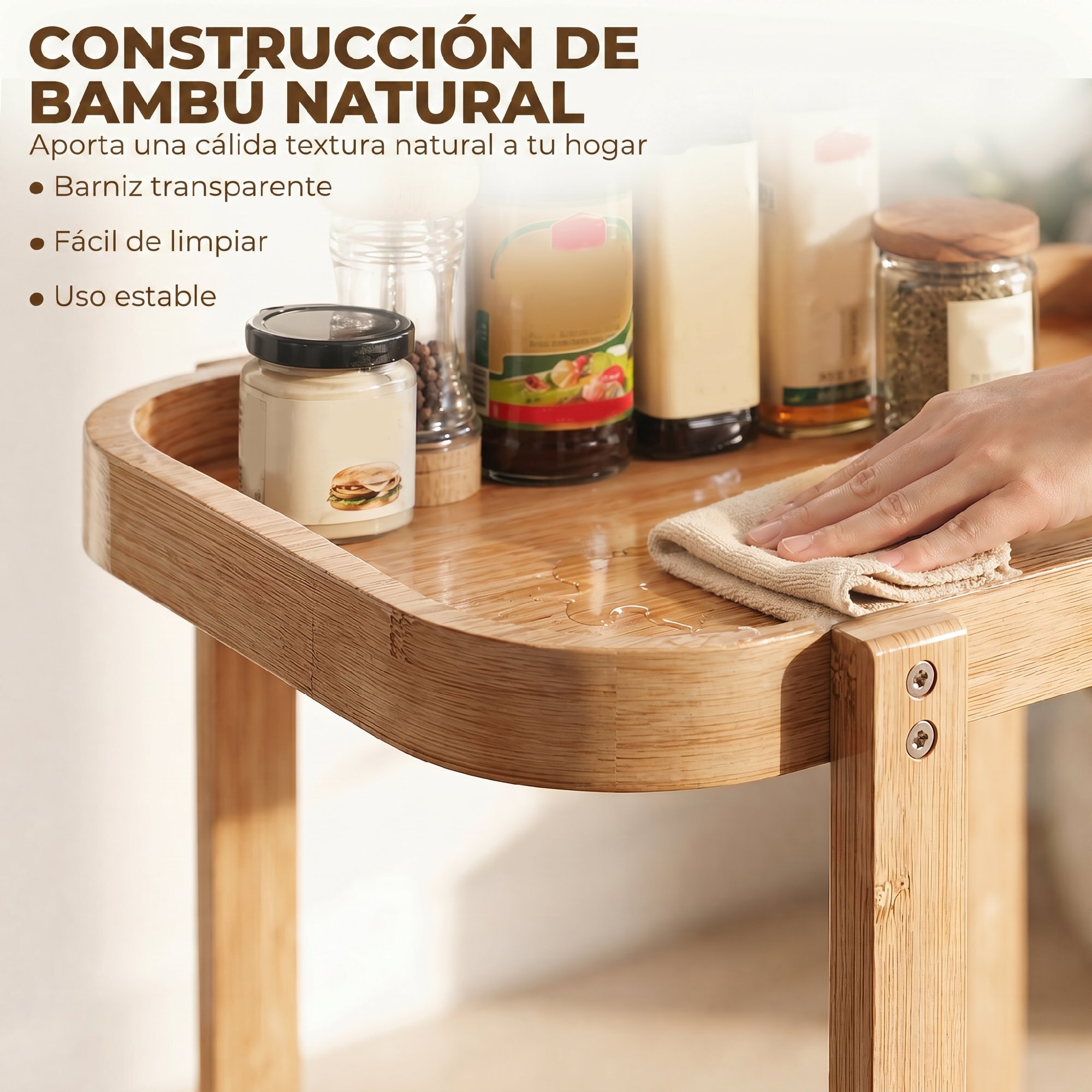 Carrito de Cocina de Bambú de 2 Niveles, Carrito Auxiliar de Cocina con Ruedas, 2 Estantes Abiertos, Diseño Curvo, para Comedor, 54x36,5x60 cm, Natural