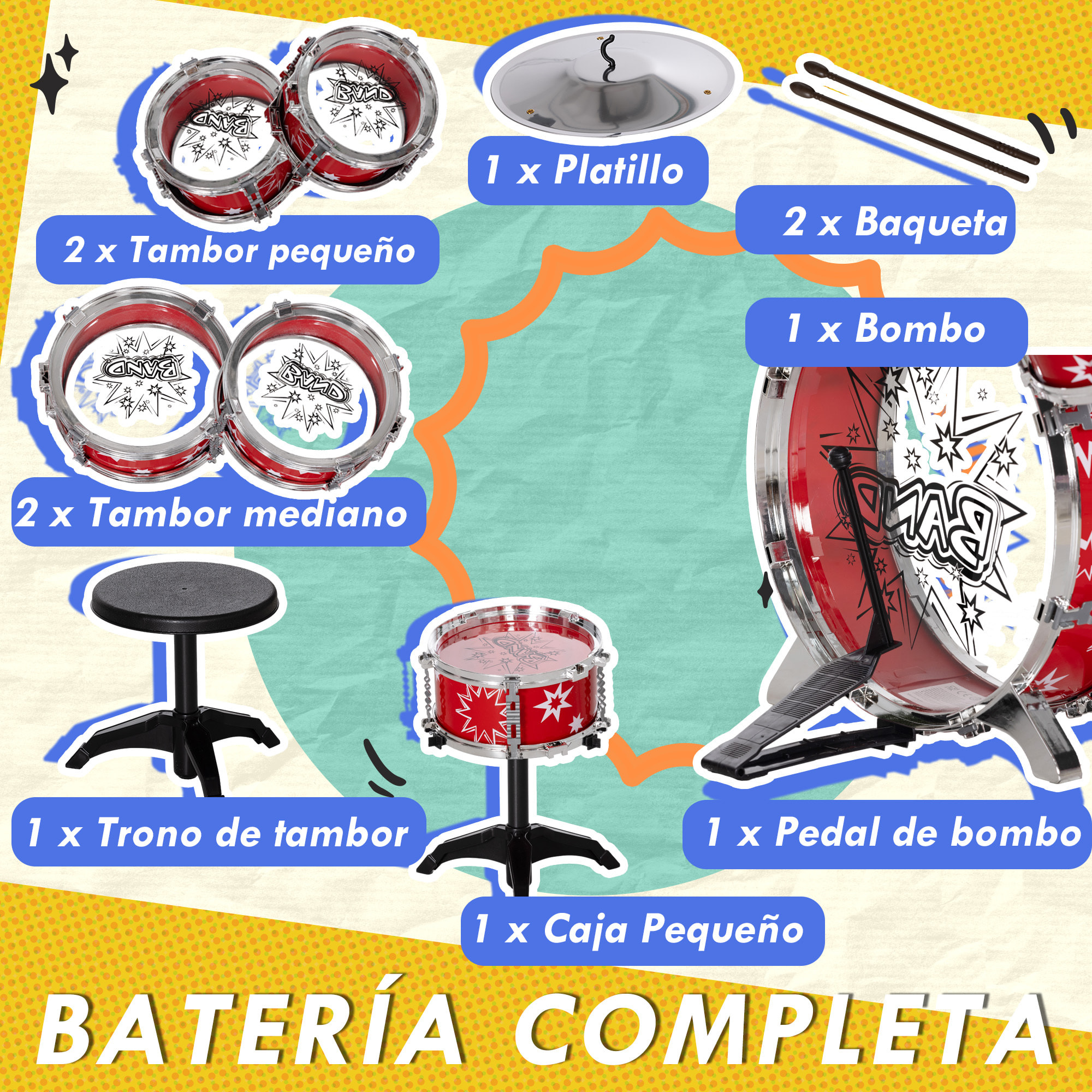 Batería Infantil con Taburete Batería para Niños de +3 Años con Tambores Bombo Platillo Pedal y Baquetas Diseño con Tema de Estrellas 65x22x57 cm Rojo