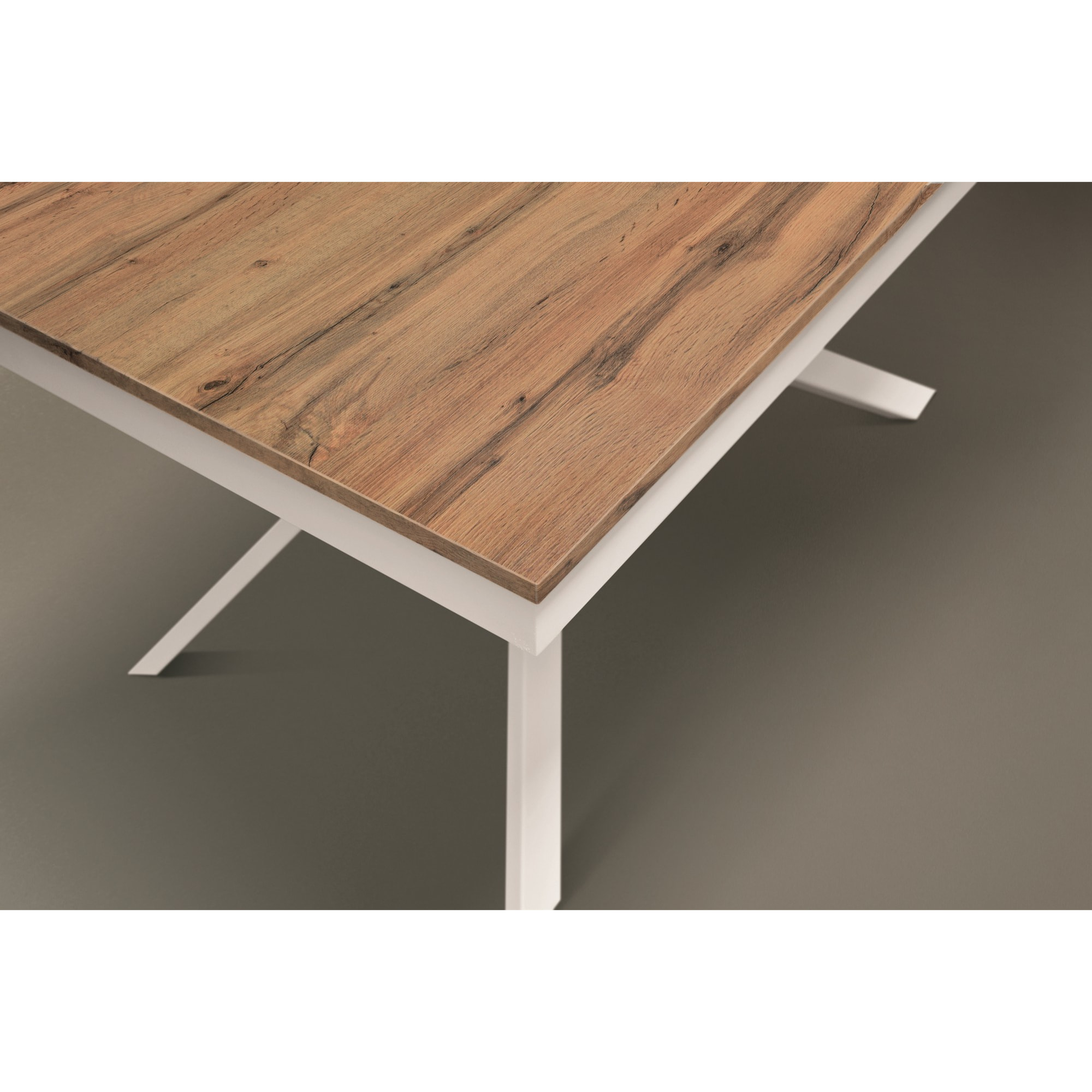 Tavolo VOLPAIA in legno, finitura rovere rustico e metallo verniciato bianco, allungabile 160x90 cm - 210x90 cm