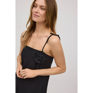 Abito corto con spalline annodate e dettaglio fiore nero