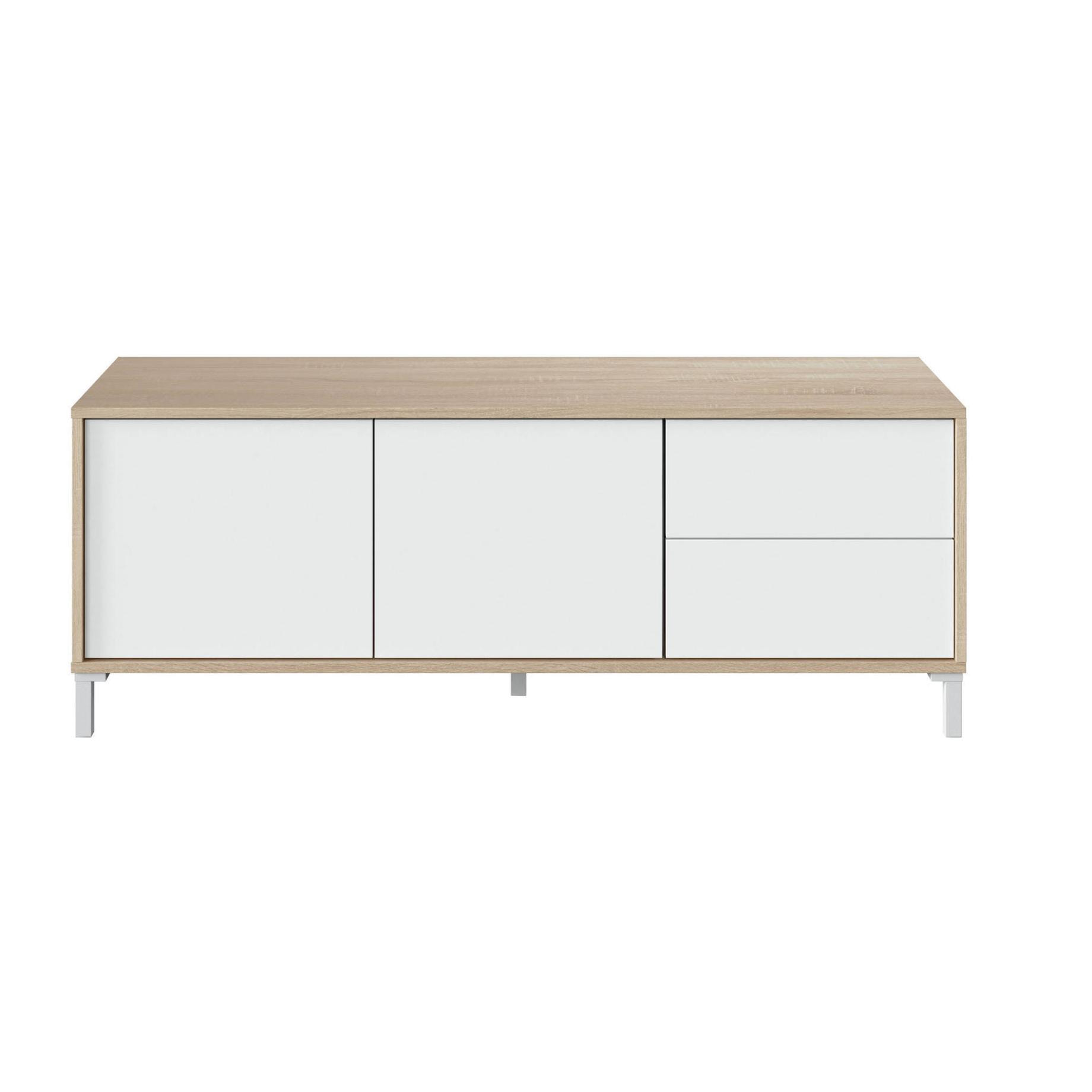 Mobile porta TV Cary, Credenza per televisione a 2 ante, Supporto TV da soggiorno, Mobile porta TV, Madia per salotto, cm 130x41h47, Rovere e Bianco