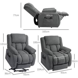 Fauteuil releveur massant chauffant grand confort - inclinable, repose-pieds rétractable - tissu toucher flanelle gris