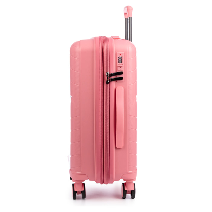 Set di 3 valigie Trolley espandibili, in materiale leggero PP resistente agli urti. Chiusura TSA numerica, 4 ruote doppie girevoli a 360°.