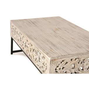 Mesas de Centro de Madera de Mango 110 Cm Estilo Étnico Boho Tallado