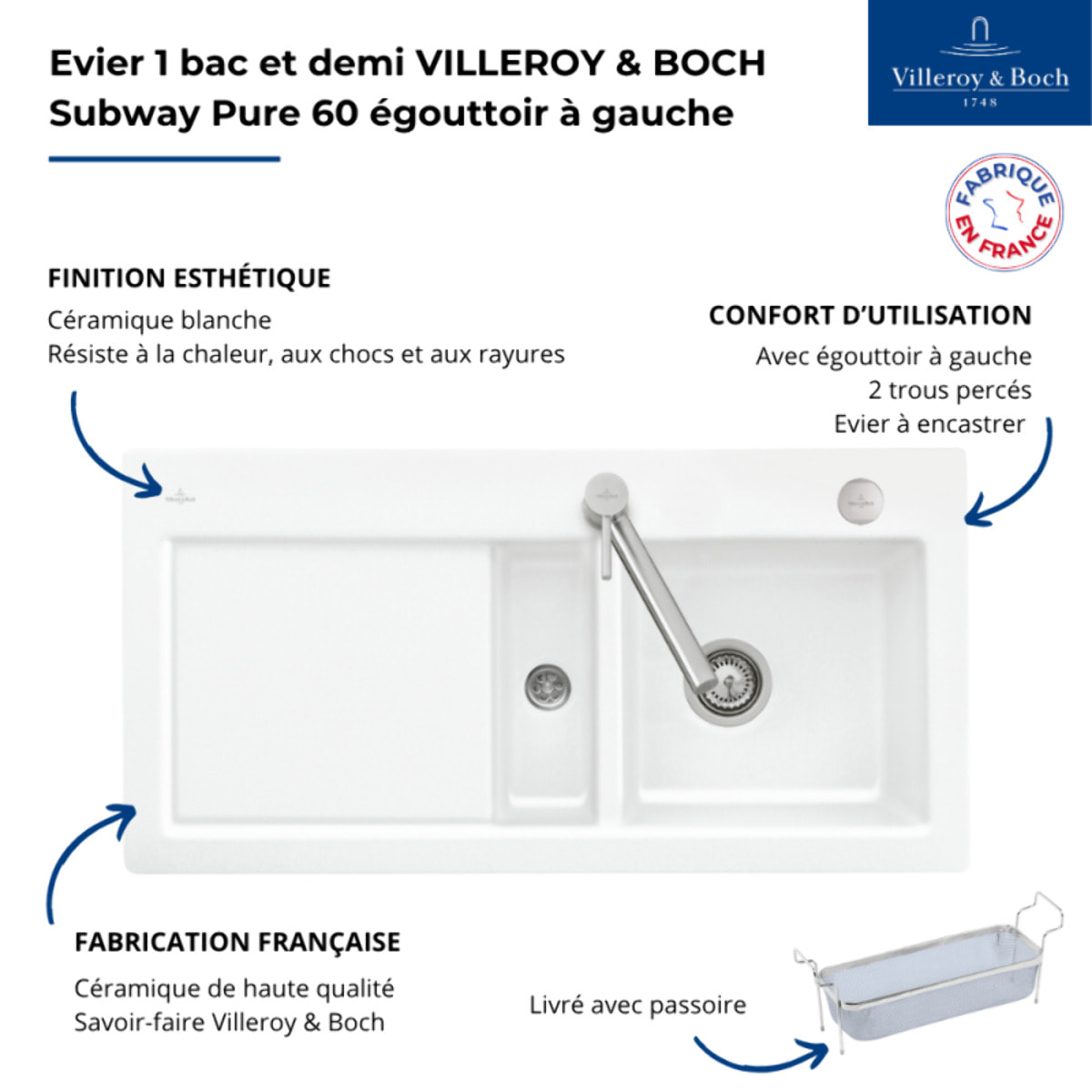 Evier 1 bac et demi Subway Pure 60 100 x 51 égouttoir à gauche céramique sans vidage blanc + Passoire