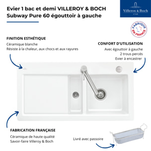 Evier 1 bac et demi Subway Pure 60 100 x 51 égouttoir à gauche céramique sans vidage blanc + Passoire