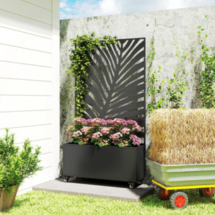 Jardinière mobile treillis haut design graphique feuille exotique 90 x 30 x 160 cm métal époxy noir
