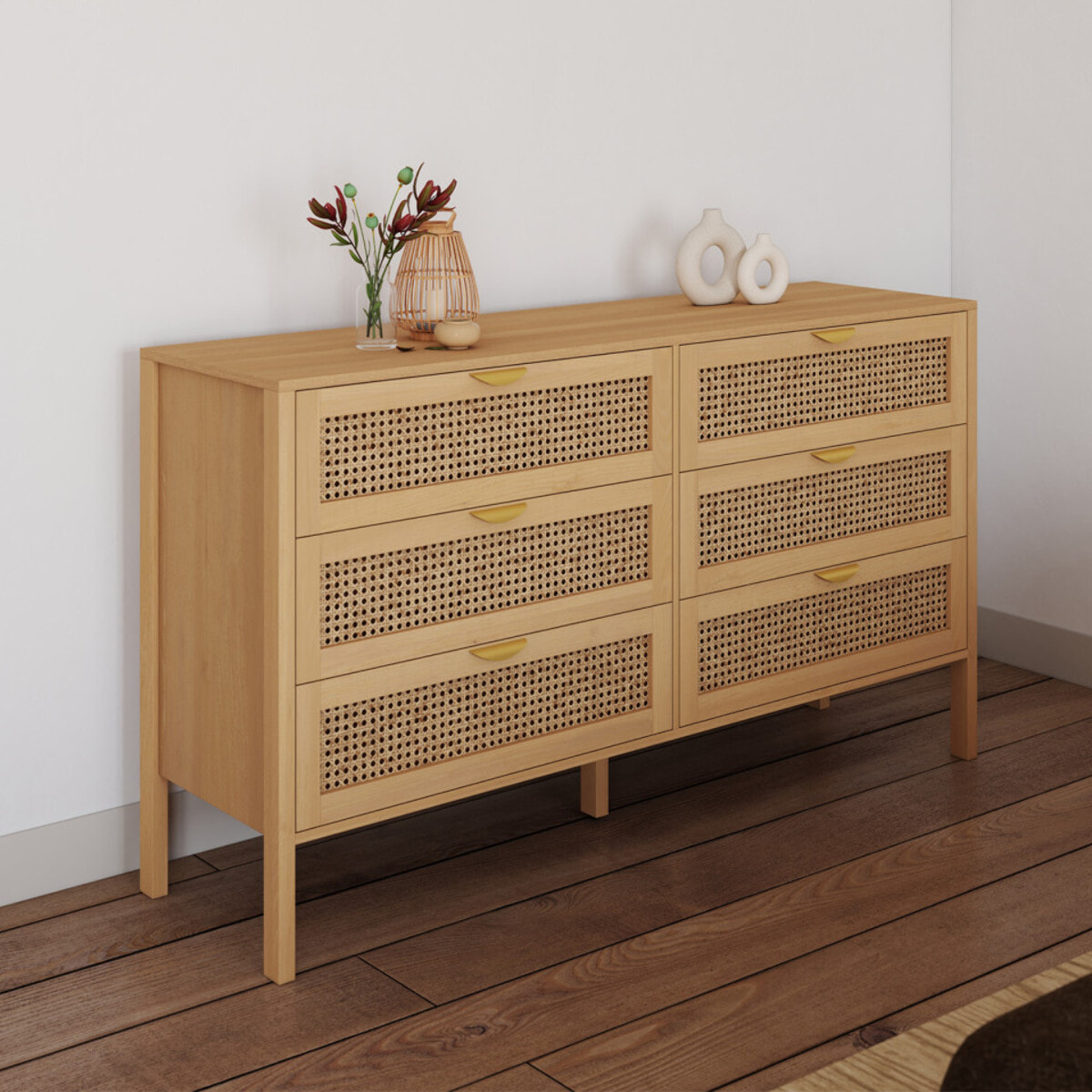 Commode Eve 6 tiroirs en cannage 140cm