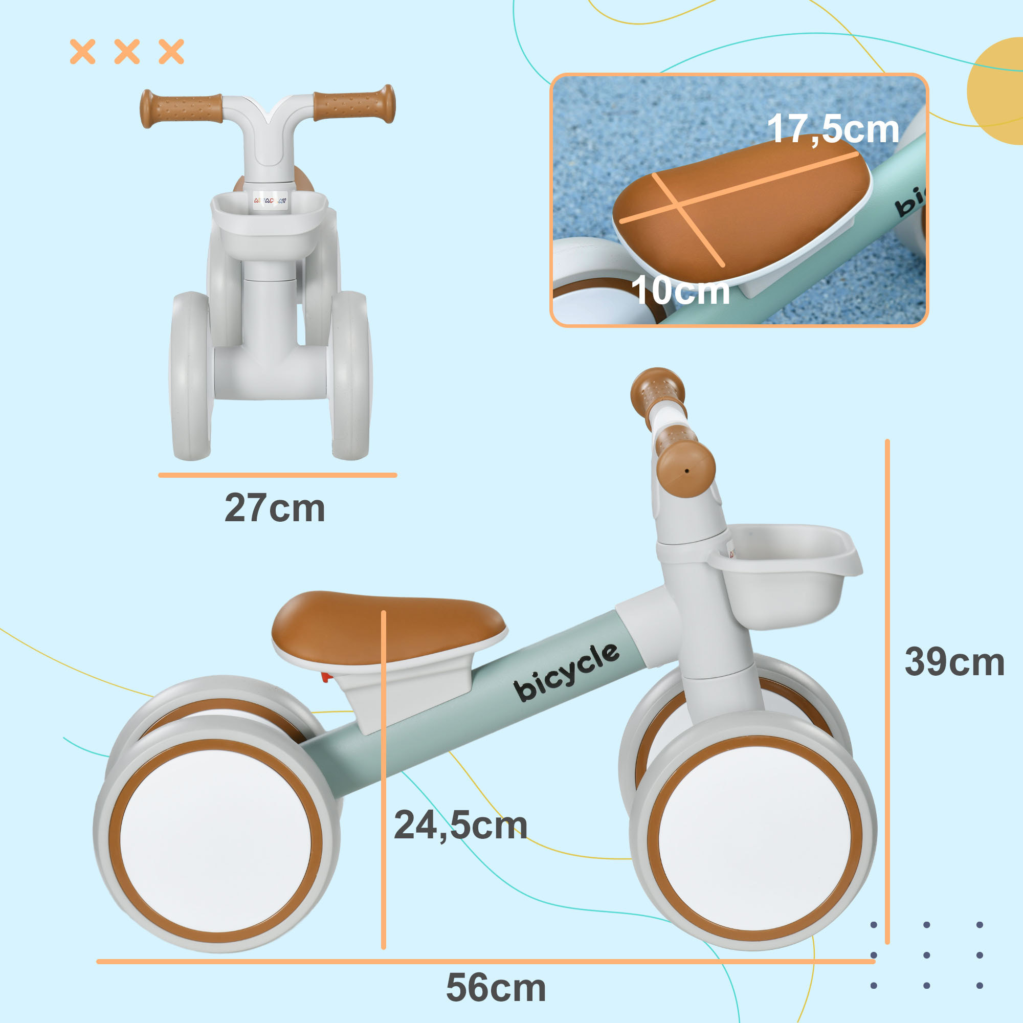 Bicicleta sin Pedales para Niños de 12-36 Meses Bicicleta de Equilibrio con Asiento Ajustable Cesta y 4 Ruedas Silenciosas Carga 20 kg 56x27x39 cm Verde