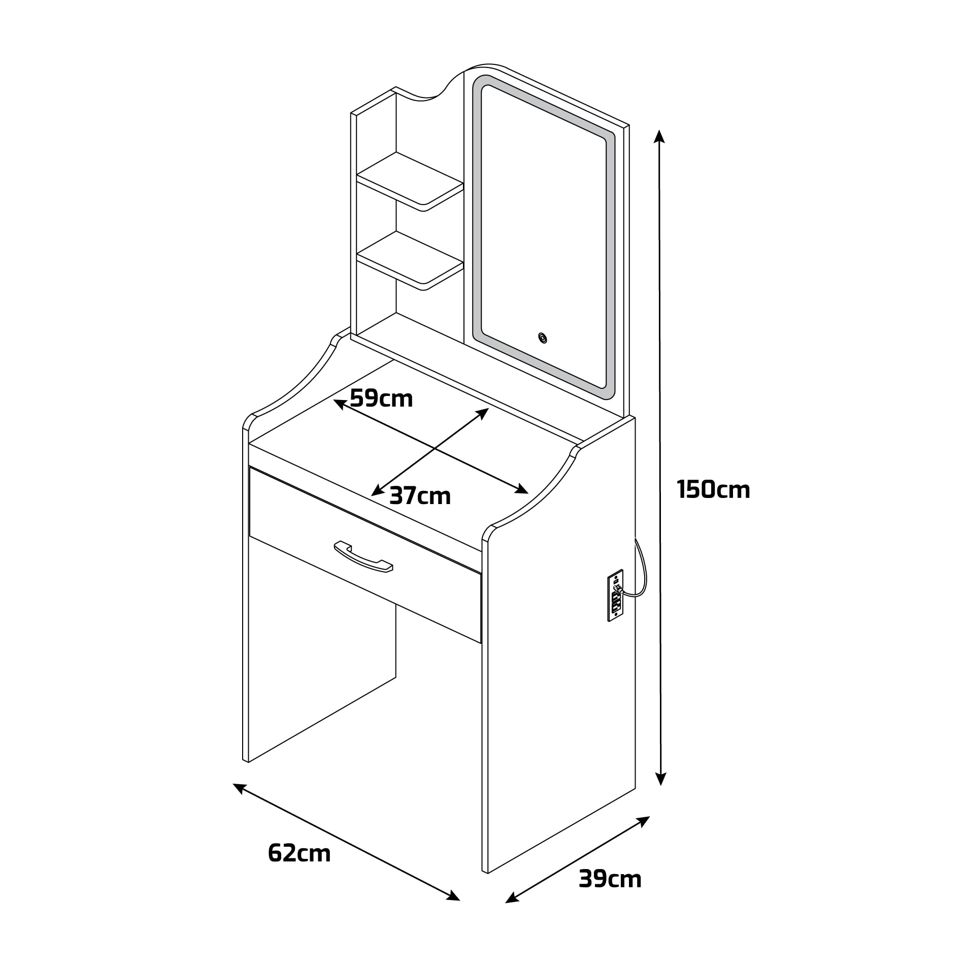Afrodite - Toeletta Trucco con Luce LED Cassetto 3 Ripiani e Prese Postazione Make Up in Legno Salvia