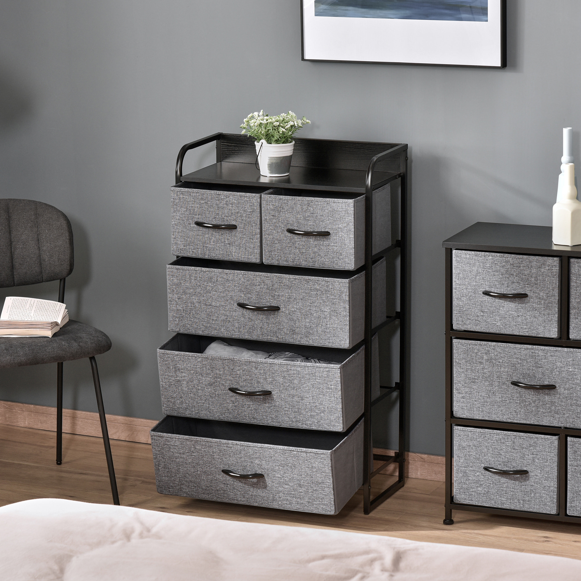 Commode rangement 5 tiroirs pliables en tissu 58 x 29 x 99 cm gris