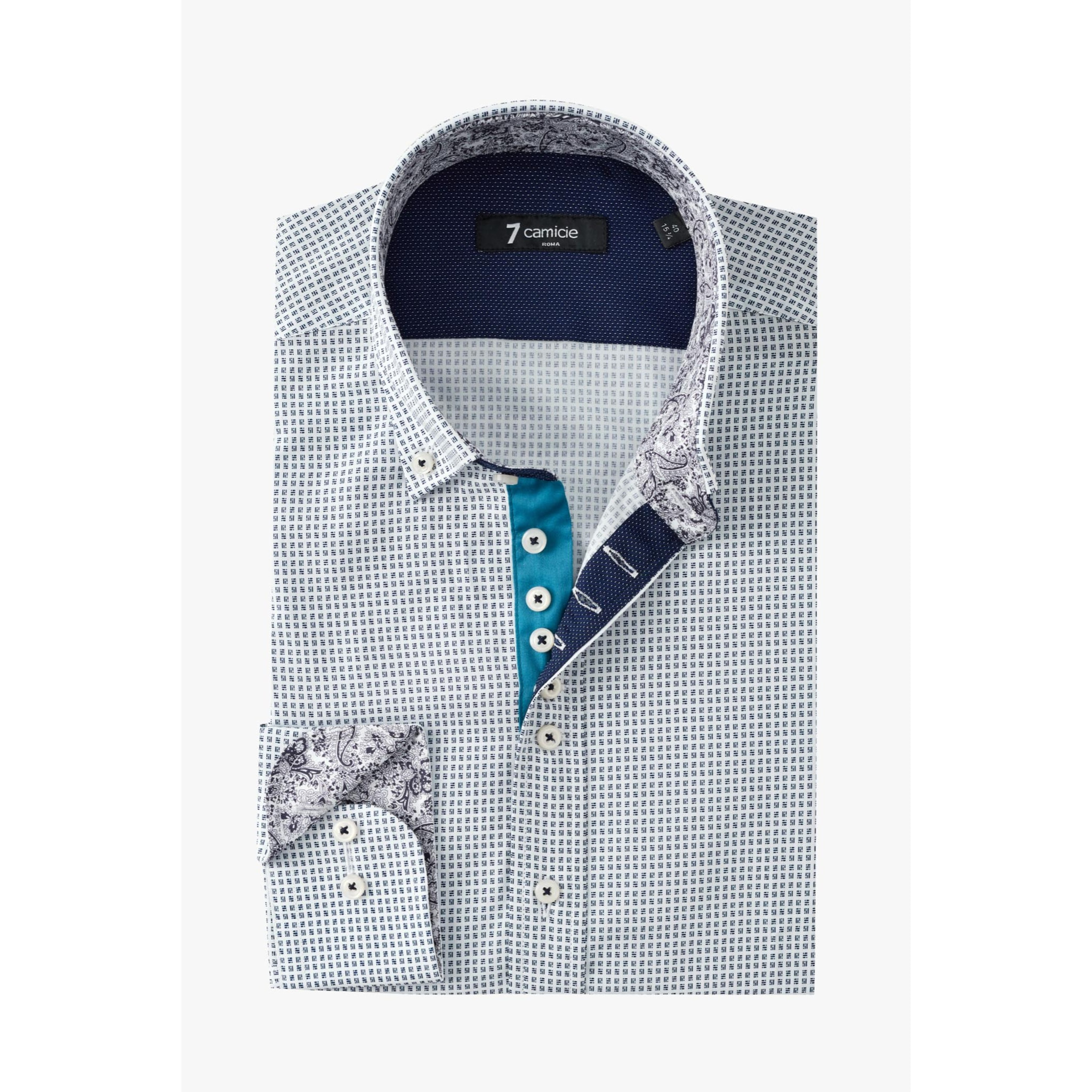 Camicia Uomo 1 Bottoni Button Down Slim Popeline Stampato Bianco e Blu