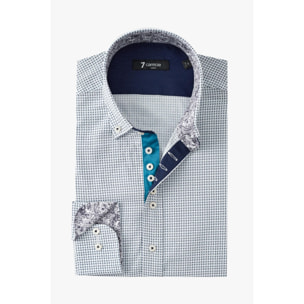 Camicia Uomo 1 Bottoni Button Down Slim Popeline Stampato Bianco e Blu