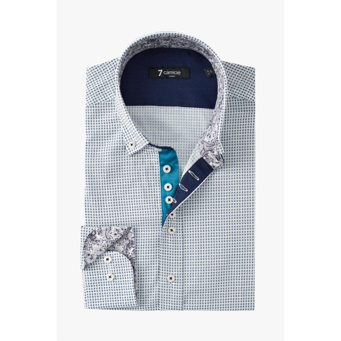 Camicia Uomo 1 Bottoni Button Down Slim Popeline Stampato Bianco e Blu