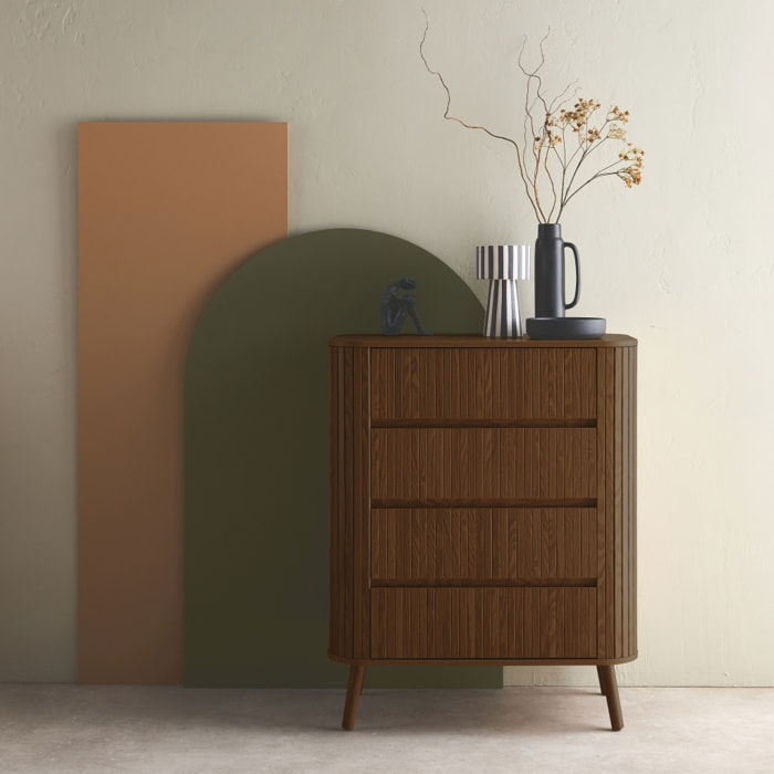 Commode 4 tiroirs. décor strié noyer. L 80x P 45  H 100cm