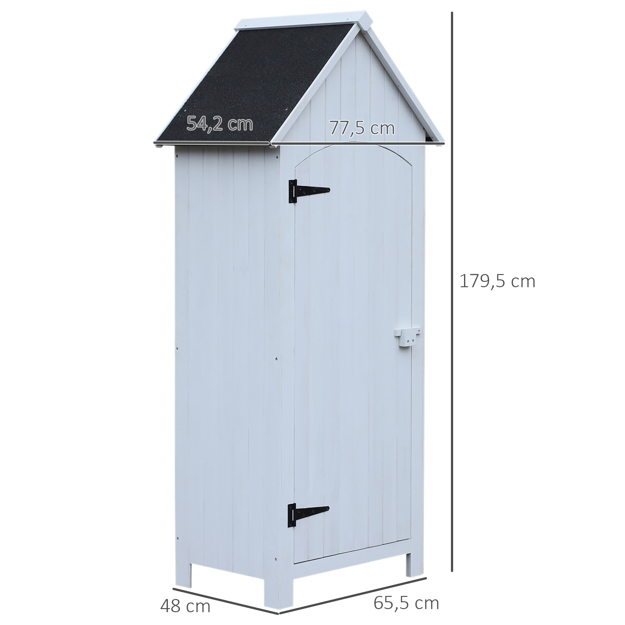 Armoire abri de jardin remise pour outils 3 étagères porte loquet toit pente bitumé dim. 77L x 54l x 179H cm bois sapin pré-huilé blanc