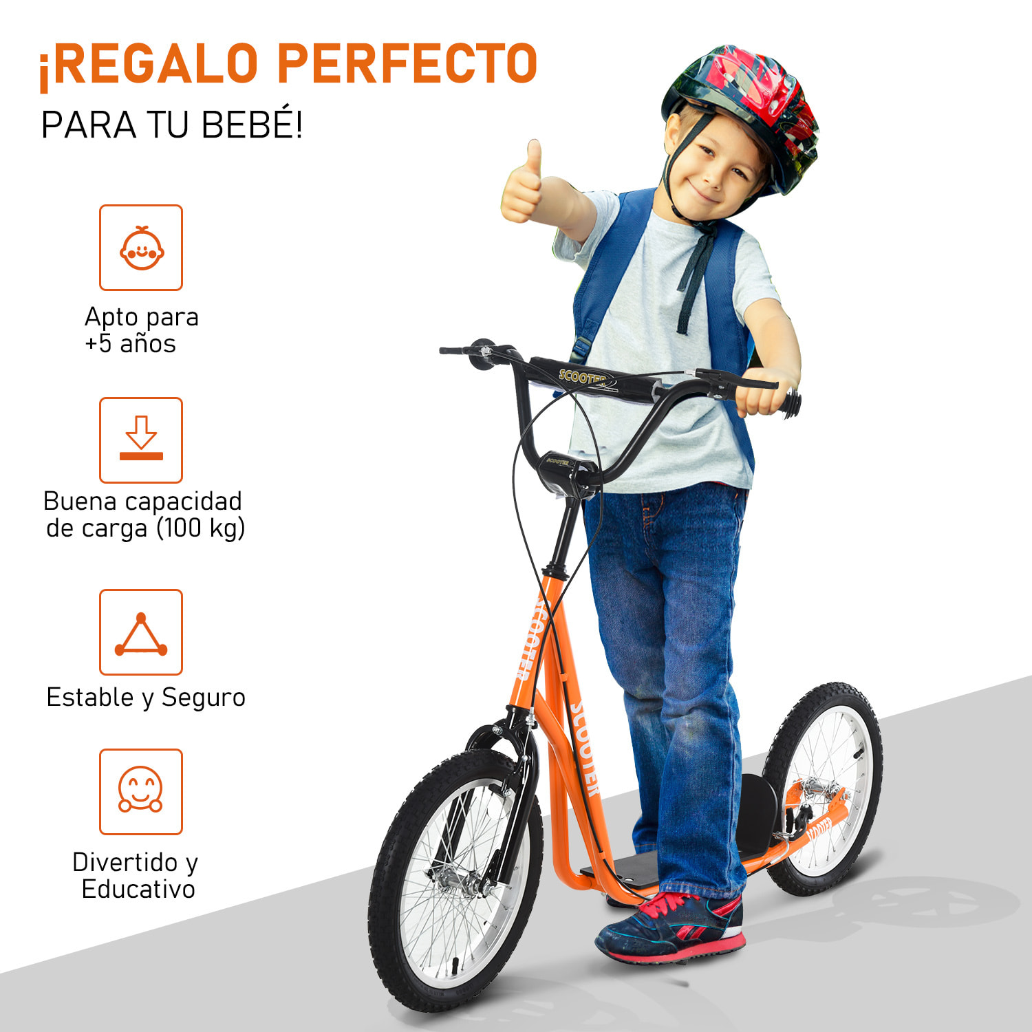 Patinete Ajustable Para Niños Metal 139x58x90-96 cm Naranja