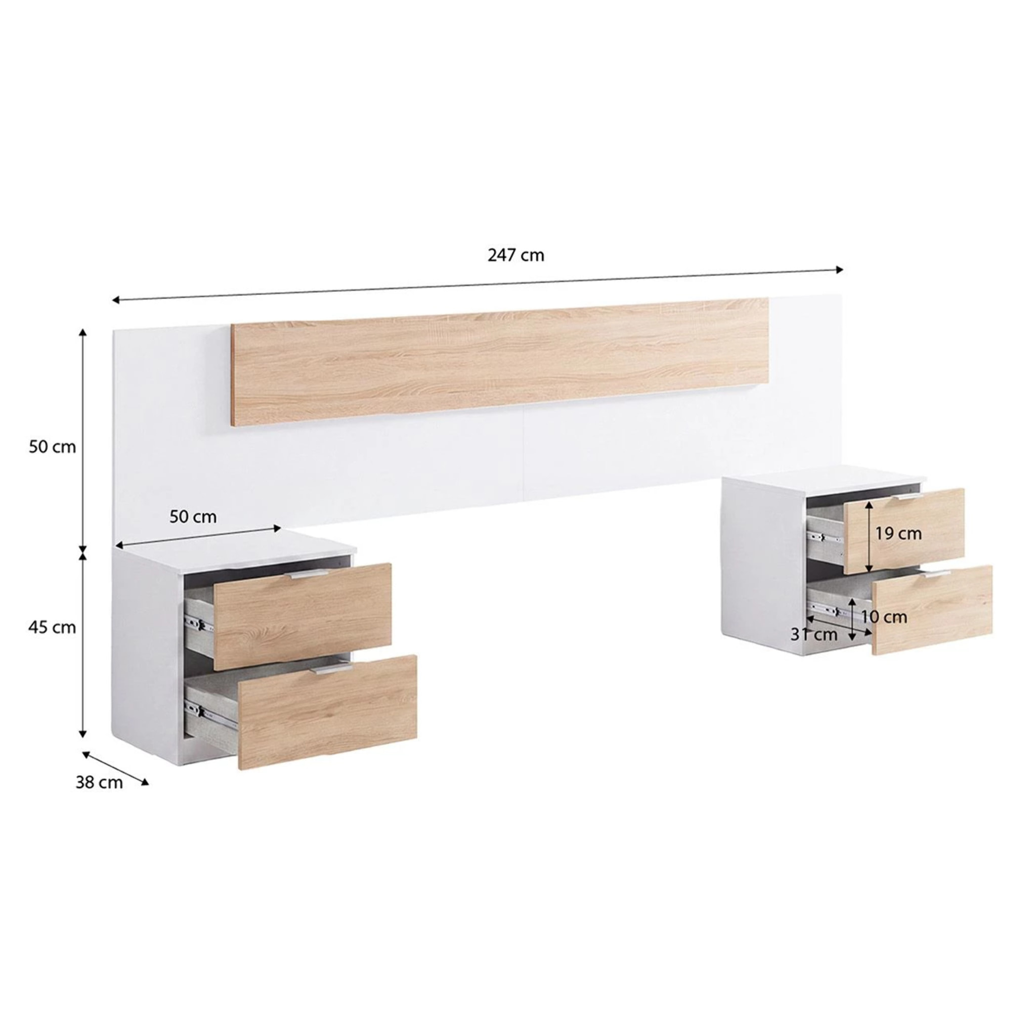 Cabecero para cama de 135-150 cm y 2 mesitas con cajones en blanco artik y roble canadian Akari Blanco Artik (Blanco Mate) - Roble Canadian