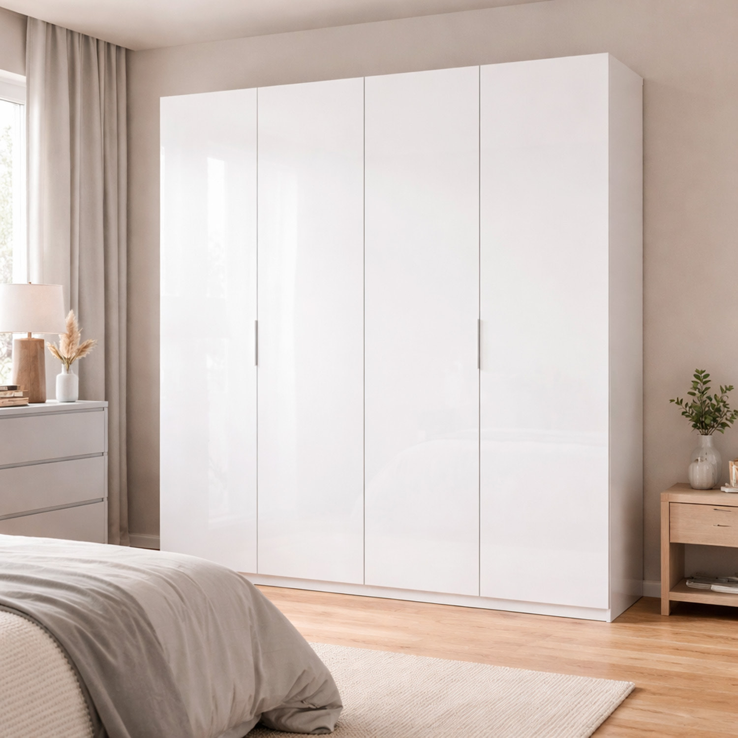 Armadio A 4 Ante Battenti Con 2 Barre Appendiabiti E Ripiano Interno Guardaroba Moderno Per Camera Da Letto Cabina Armadio 180 x 200 x 52 Cm Bianco